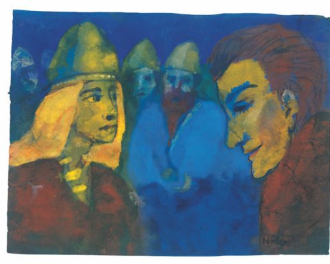 Herrin und Fremdling, o. D. (wahrscheinlich Vorlage für das Gemälde Nordische Menschen, 1938), Aquarell, 17,1 × 22,5 cm, Nolde Stiftung Seebüll, © Nolde Stiftung Seebüll, Foto: Dirk Dunkelberg, Berlin