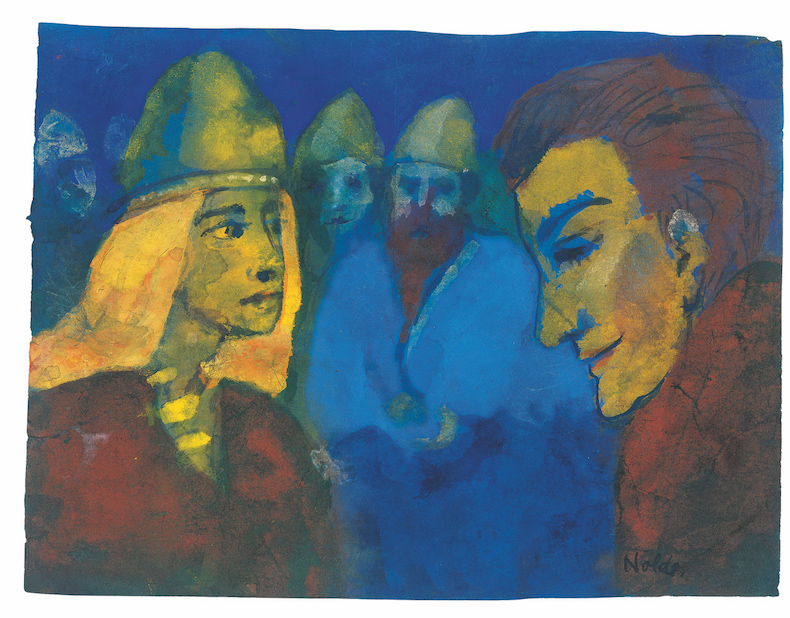 Herrin und Fremdling, o. D. (wahrscheinlich Vorlage für das Gemälde Nordische Menschen, 1938), Aquarell, 17,1 × 22,5 cm, Nolde Stiftung Seebüll, © Nolde Stiftung Seebüll, Foto: Dirk Dunkelberg, Berlin