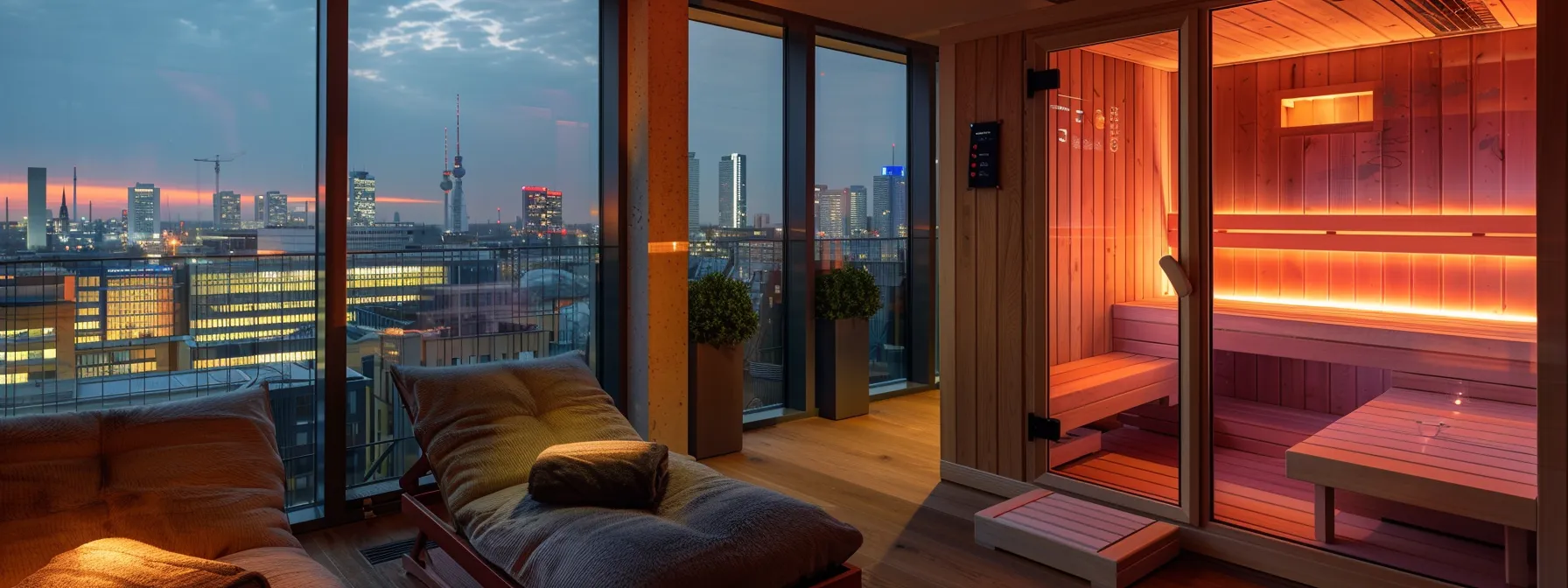 in einem gemütlichen hotelzimmer in berlin, mit einer einladenden sauna und zentraler lage, während draußen die beleuchtete skyline der stadt zu sehen ist.