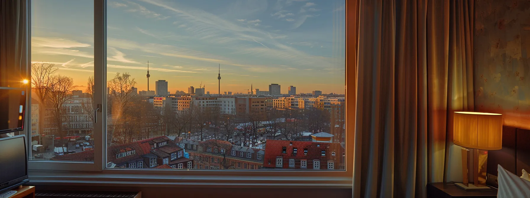 ein hotelzimmer mit blick auf das belebte treiben am hackeschen markt in berlin.